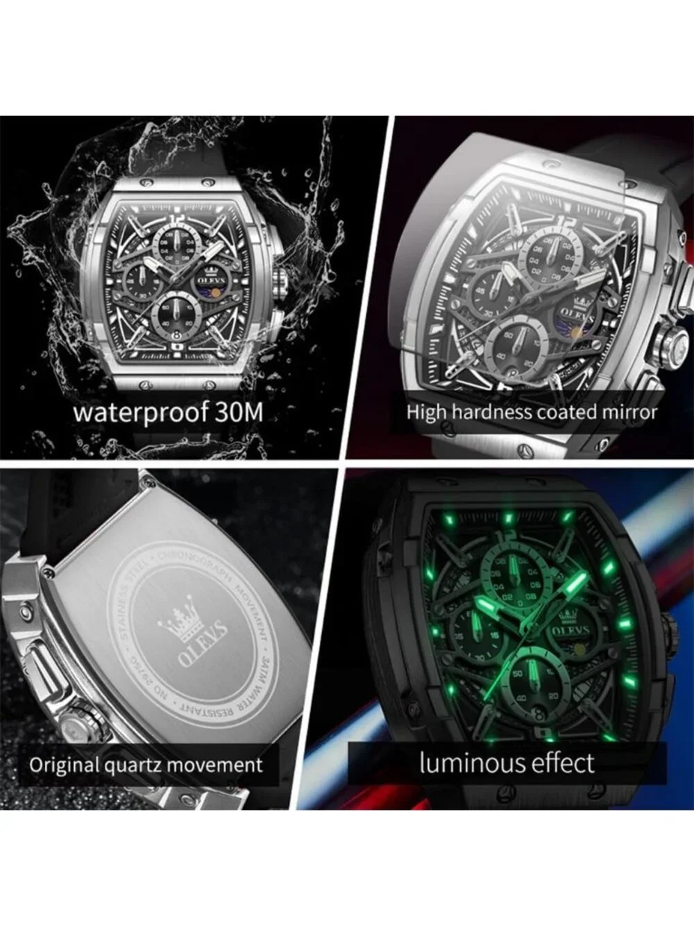 Men's Silver Black Chronograph Big Square Analog Silicone Strap Waterproof Watch